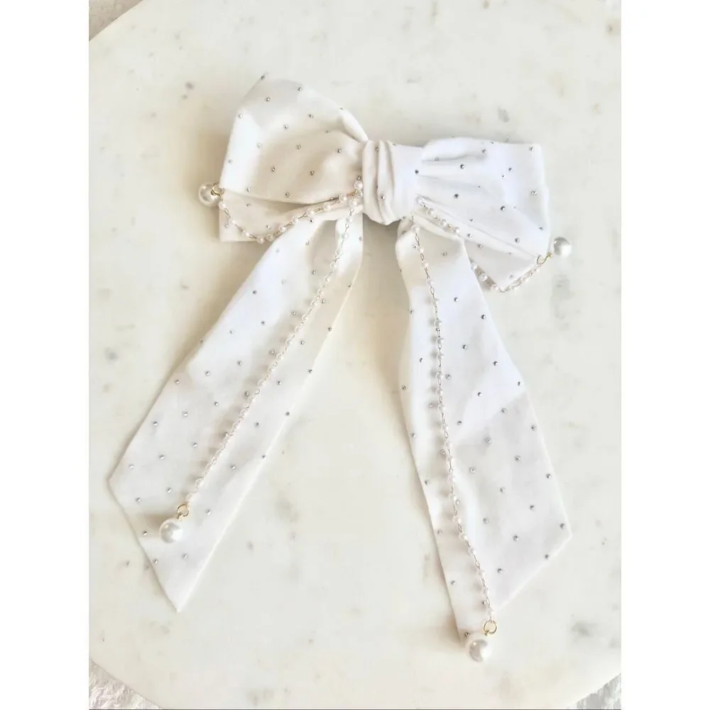 Elegant Pearl Chain Rhinestone Bow Hair Clip — Bridal / Coquette